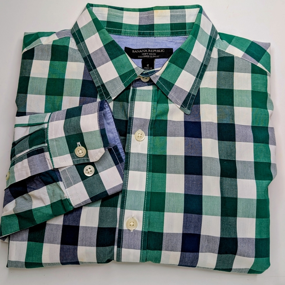 Banana Republic Green and Blue Plaid Shirt Soft Wash Tailored Slim Fit